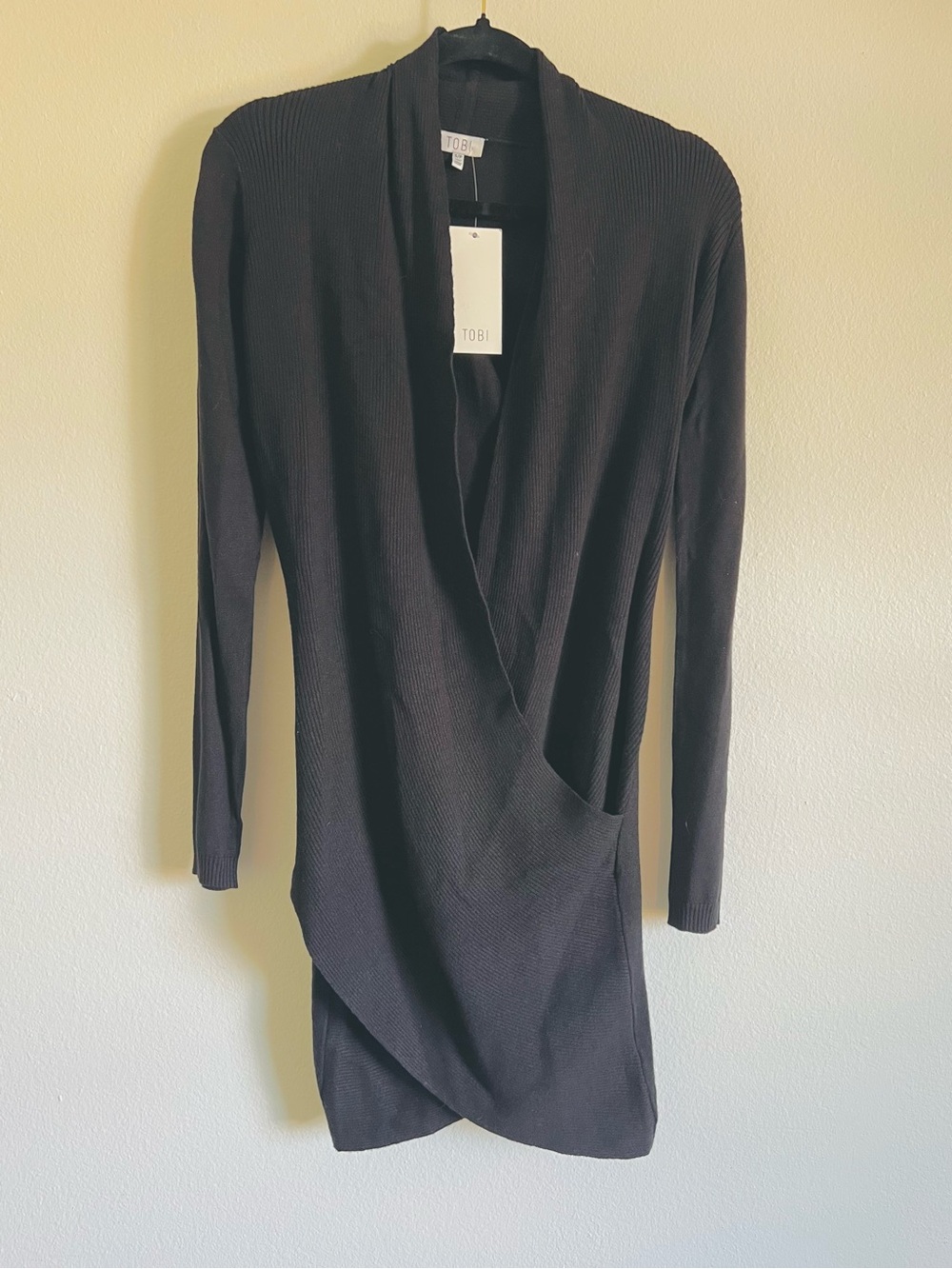 Tobi Black Ribbed Wrap-Front Long Sleeve Dress